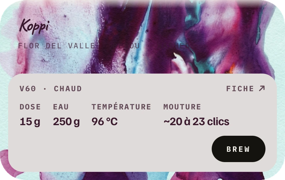 La fiche du paquet scanné : son visuel, la dose, l’eau, la température et le réglage du moulin
