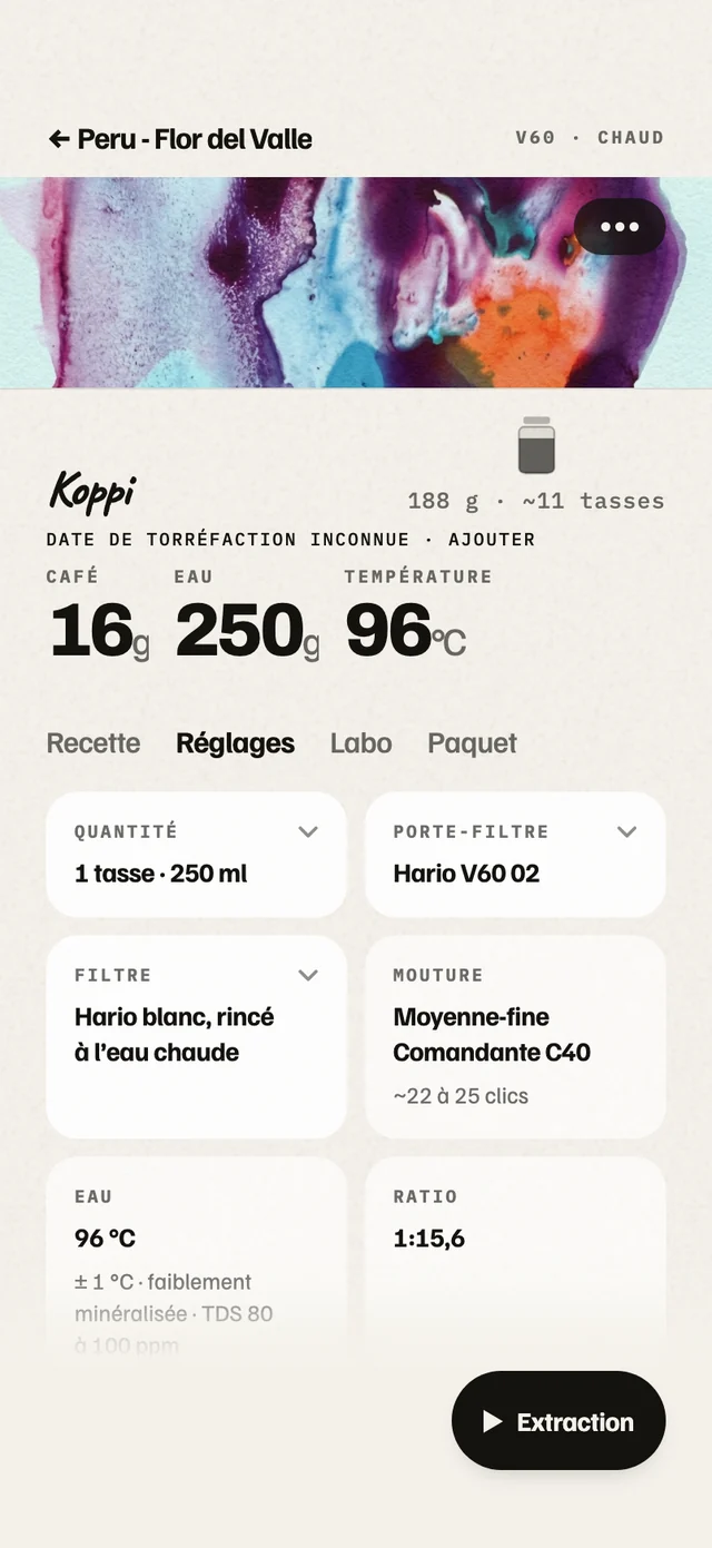 Les réglages d’une recette : quantité, porte-filtre, filtre, mouture, eau, ratio